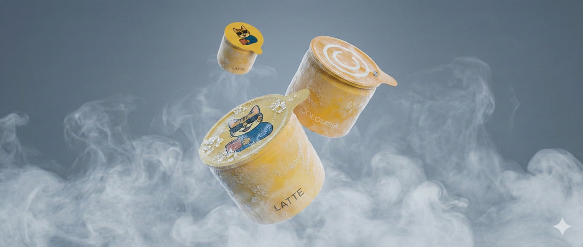 Makro snímek kostky kávy rozpouštějící se ve vodě v pruhovaném vzoru jako espresso.