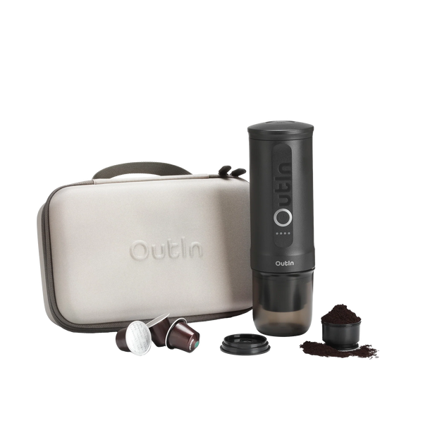 Outin Nano Espresso + Universal Kaffeholder Mobil Espresso, perfekt præsenteret