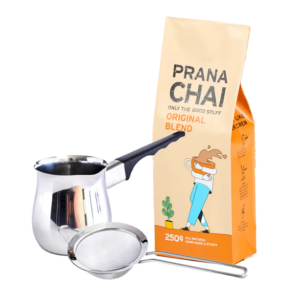 Prana Chai Starter Kit – 250 g Masala Blend Prana Chai čaj, konvička a sítko